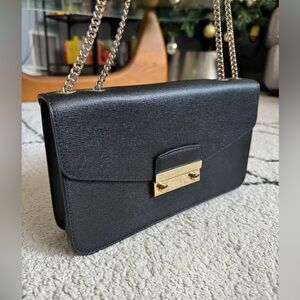 FURLA Julia Onyx Black Saffiano Leather Chain Shoulder Bag